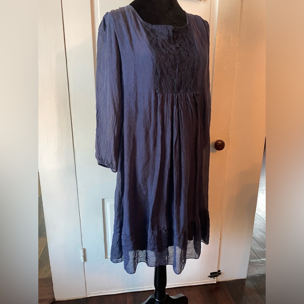 Boho Blue Lace Bib Tunic Dress Sheer Hem Babydoll Indie Cottagecore